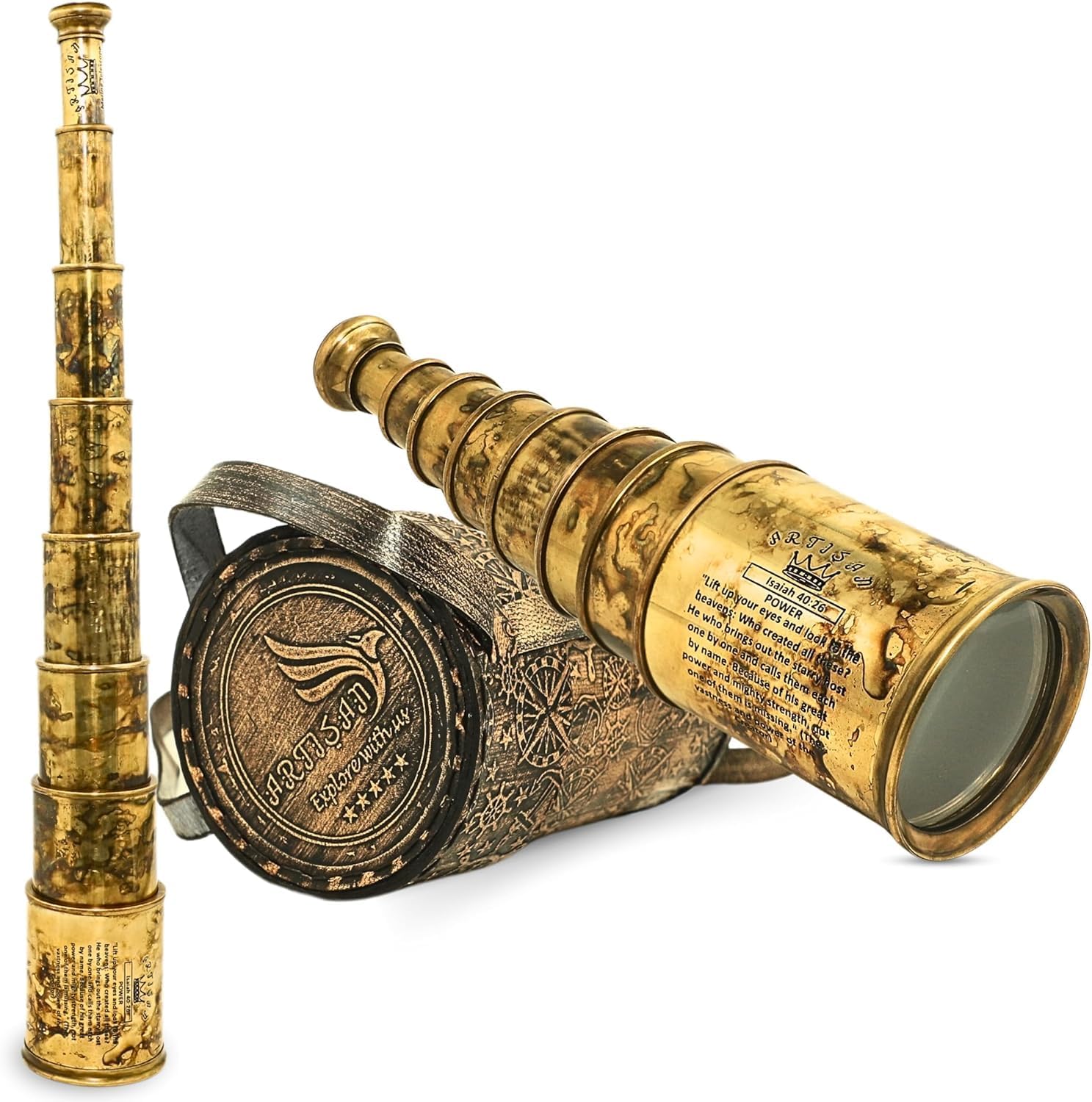 Antique Brass Telescope with Leather Case – Vintage Nautical Pirate Telescope – 6-Section Expandable Pirate Spyglass for Travel, Beach & Home Décor