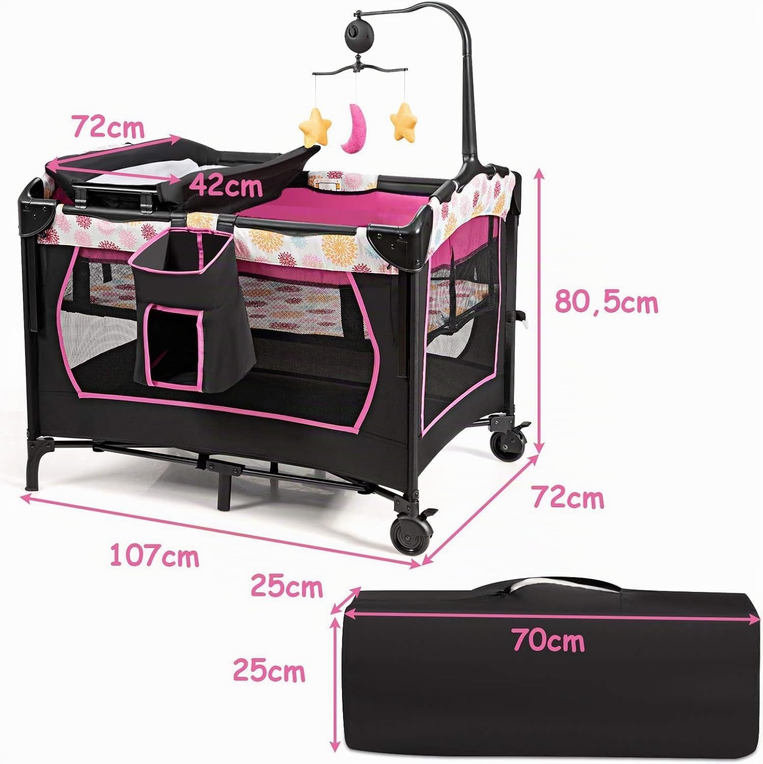 FANTASK Cuna de Viaje Plegable 4 en 1 de hasta 15 kg, moisés, Cuna Auxiliar, Cambiador y Parque Infantil, 2 Niveles, Altura Regulable, con Bolsa de Transporte, colchón y Caja de música