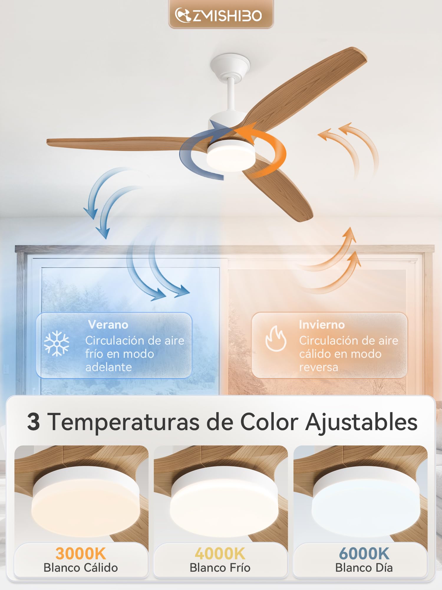 ZMISHIBO Ventilador de Techo con Luz 132cm,3 Aspas ABS Efecto Madera,Motor DC Silencioso,3CCT 3000K-6000K,6 Velocidades,Inversión Verano/Invierno, Control APP y Mando,Temporizador2/4H