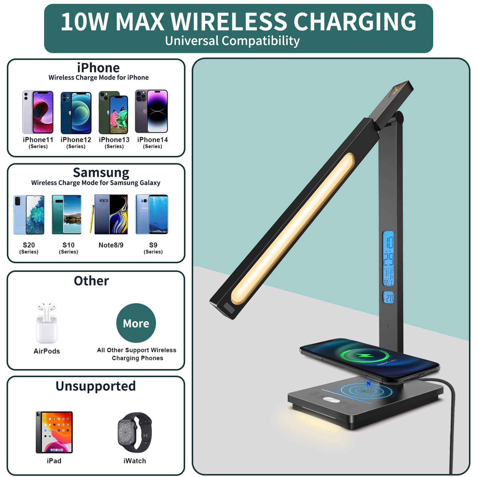 Lámpara de escritorio inteligente 10 en 1, luz de escritorio para Colleage Drom Room Office, lámpara de mesa con luz nocturna, lámpara para escritorio con cargador inalámbrico de 10 W, lámpara táctil 2