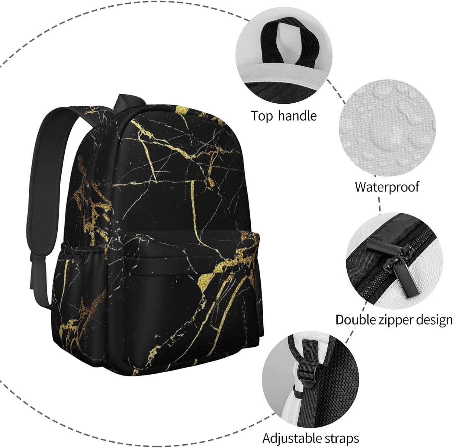KiuLoam 17 Inch Backpack Gold Black Marble Laptop Backpack Shoulder Bag School Bookbag Casual Daypack