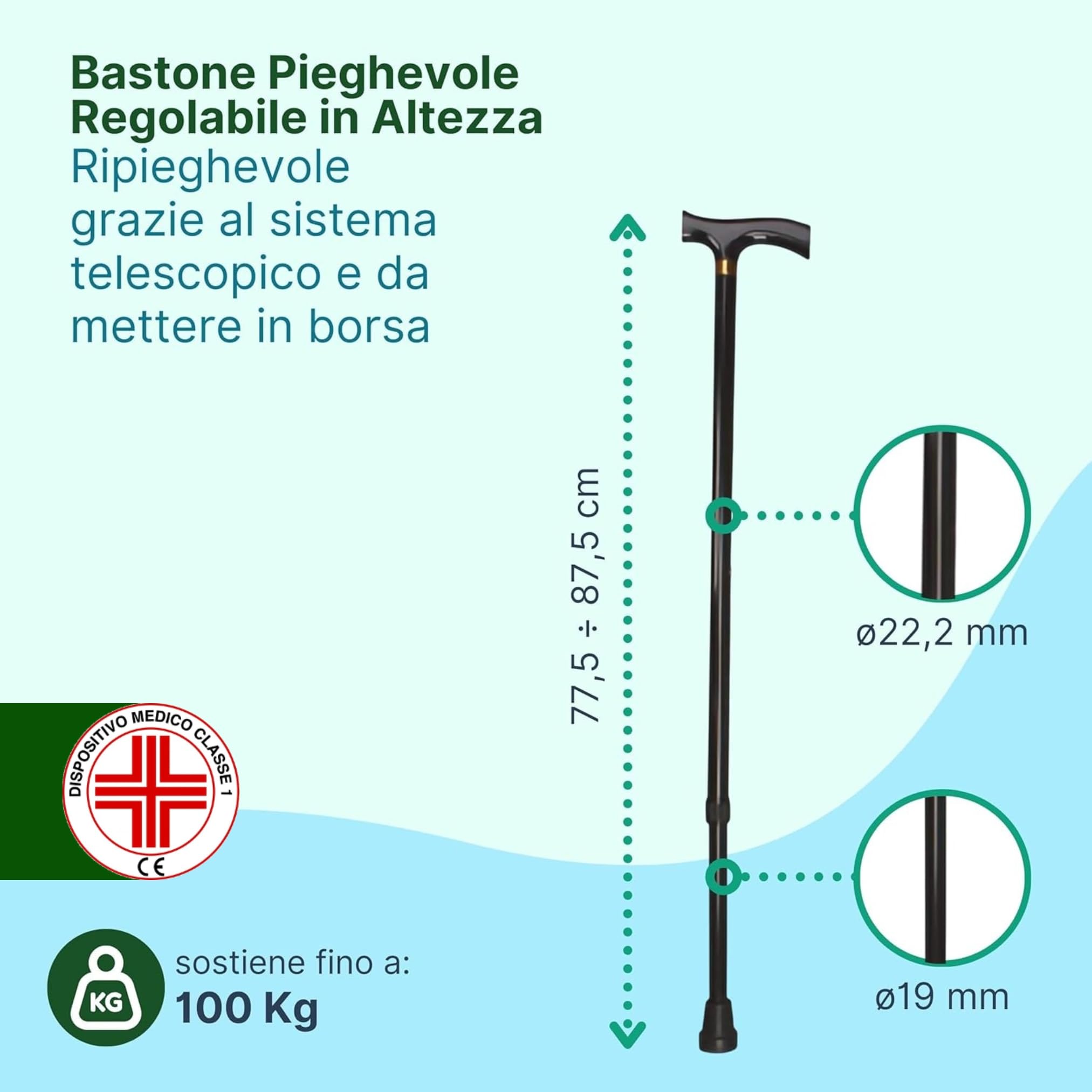 Bastone per Anziani Pieghevole in Alluminio Anodizzato con Impugnatura in Legno, Bastone da Passeggio Regolabile Nero Lungo o Corto