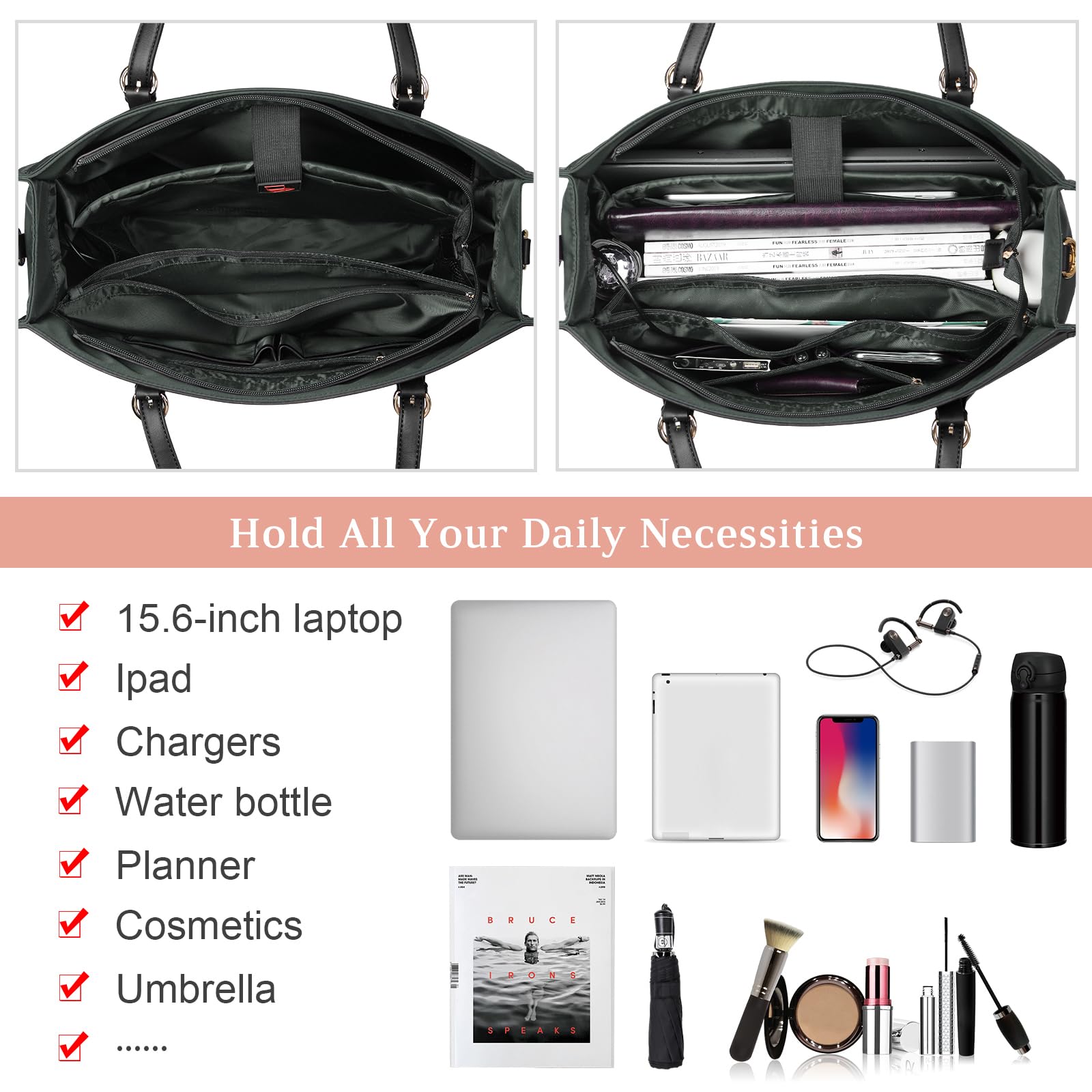 KTMOUW Bolsos Universidad Mujer Impermeable Bolso para Ordenador Portatil 15.6 Pulgadas Grandes Shopper Bolsos con Puerto de Carga USB 2 Piezas Negro Gris Oscuro