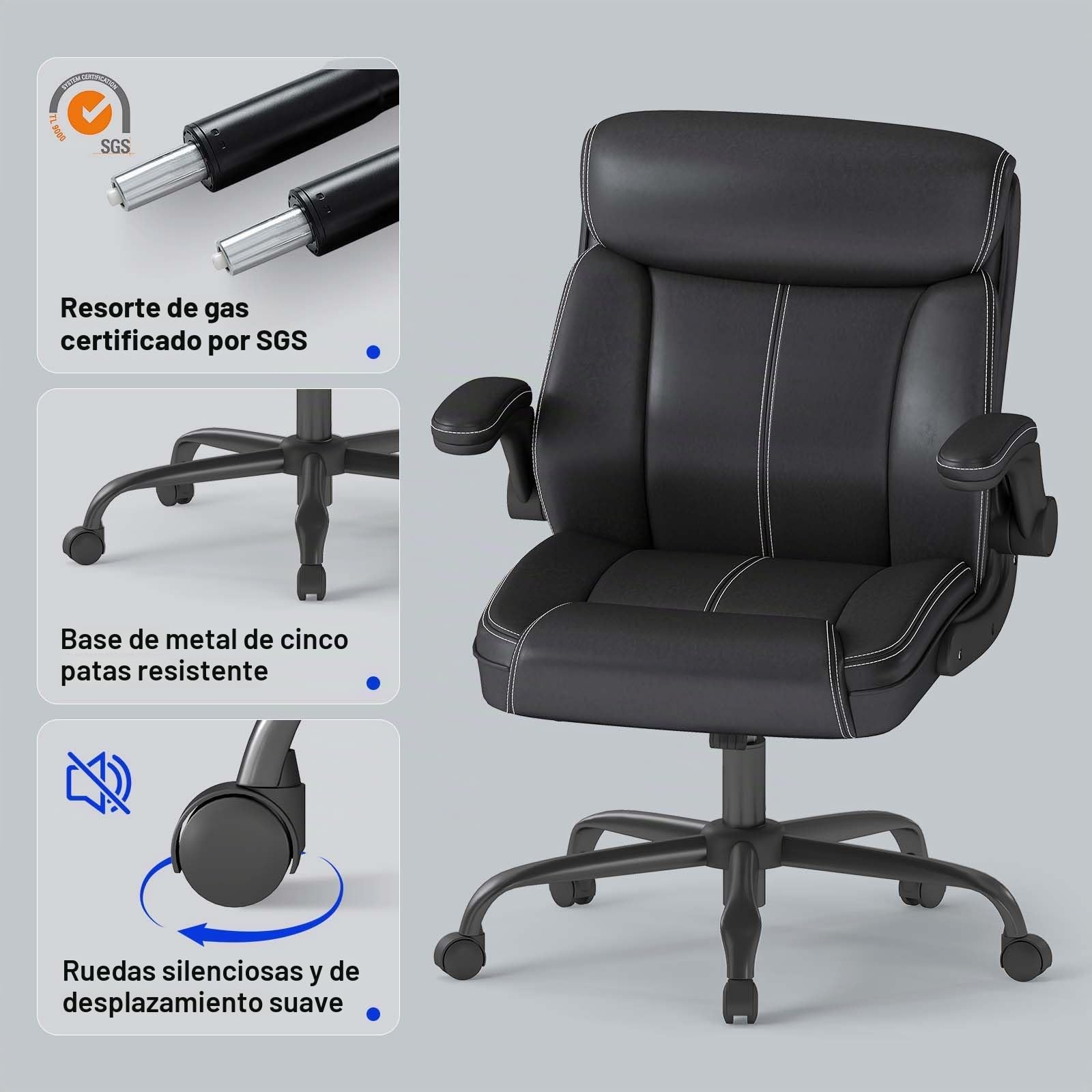 AnyGod Silla de Oficina Ergonómica, Sillón Ejecutivo de Piel Sintética con Reposabrazos Abatibles, Silla Giratoria de Escritorio Ajustable en Altura, Capacidad 136 kg, para Teletrabajo y Oficina