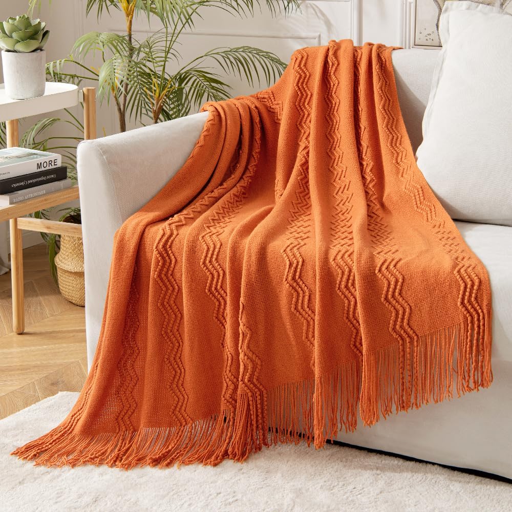 MIULEE Burnt Orange Knitted Throw Blanket for Couch Textured Knit Blanket with