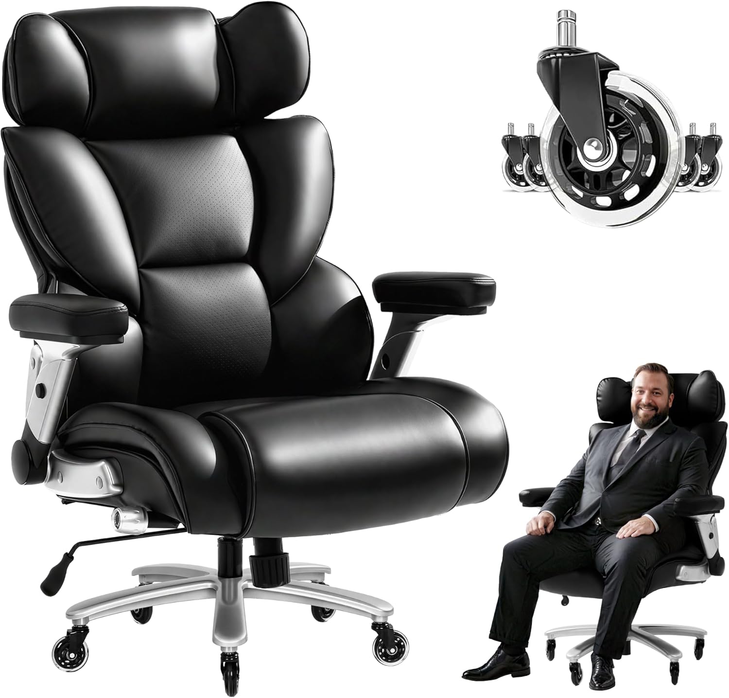FLEXISPOT 600LBS Big and Tall Office Chair Wide Ergonomic Comfy Gaming Chair High Back Reclining Computer Chairs with Padded Adjustable Lumbar Support Heavy Duty Blade Rubber Wheels, Leather, Black