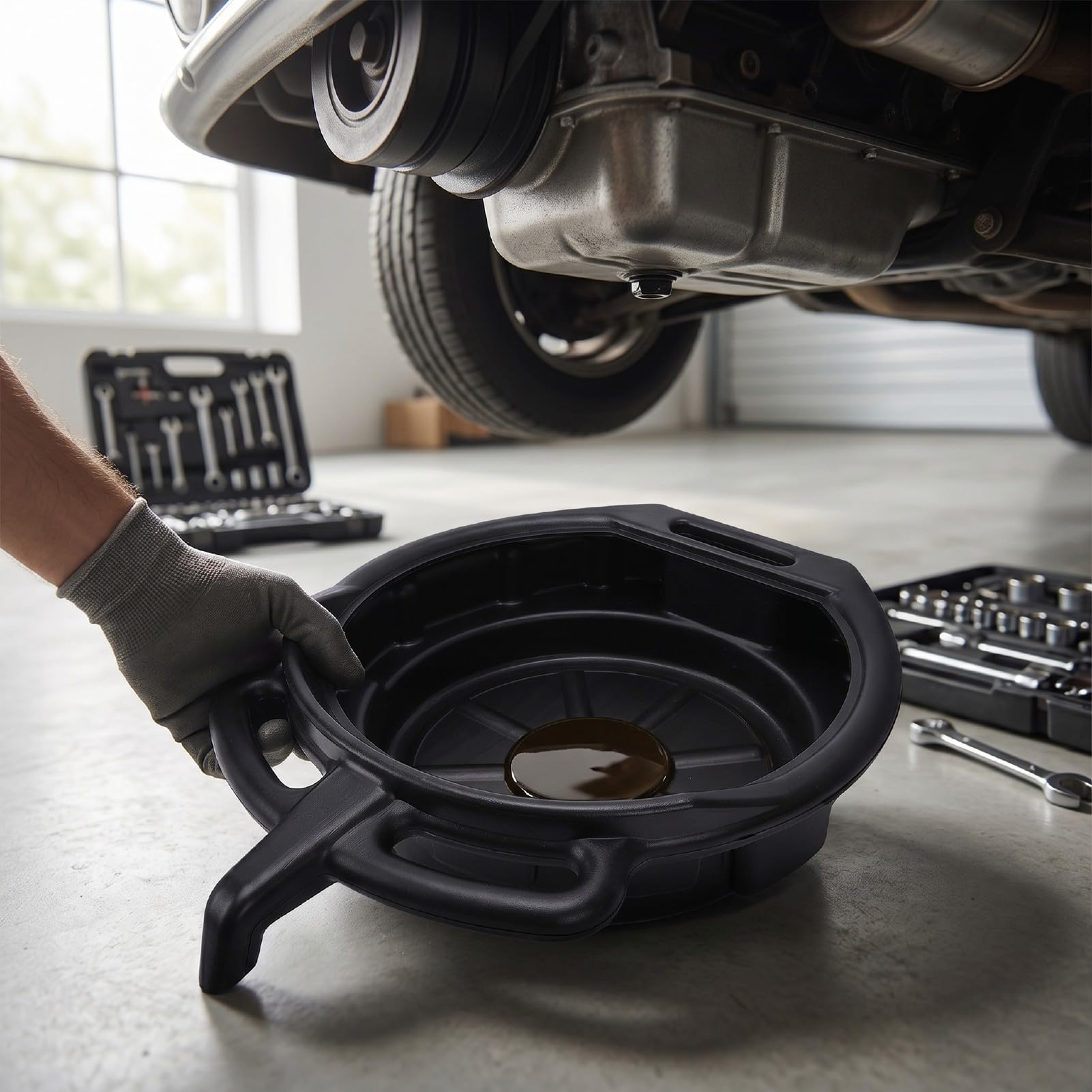 aqxreight Bandeja de Drenaje de Aceite de 15 litros con Tecnología Antisalpicaduras, Recipiente Colector de Goteo de Aceite Negro para Automóviles, Motocicletas y Camiones