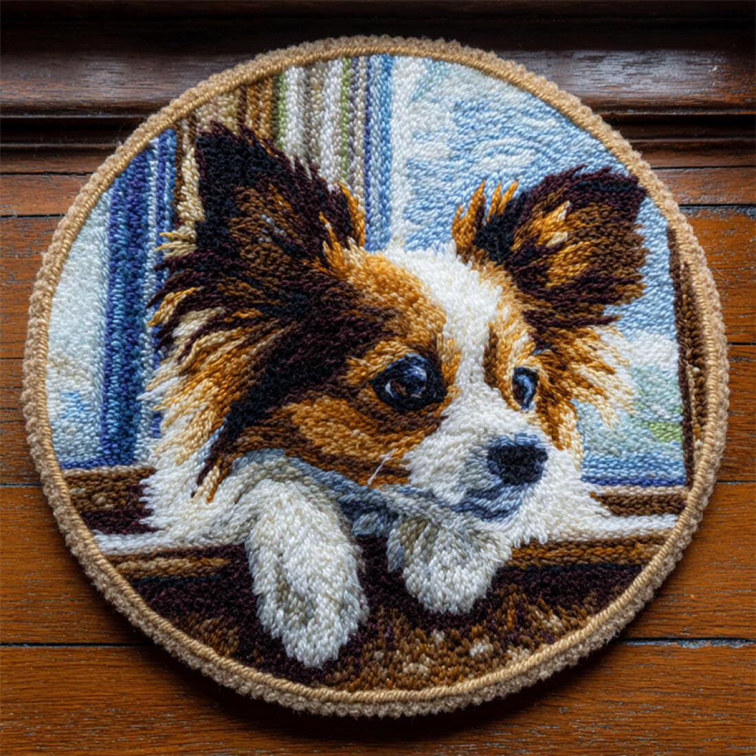 Rqwybcaxn DIY Latch Hook Rug Kit for the Elderly Animal Crochet Starter Kit Dog on the windowsill 100x100cm Round Tapestry with Crochet Hook Hallway Craft Gift