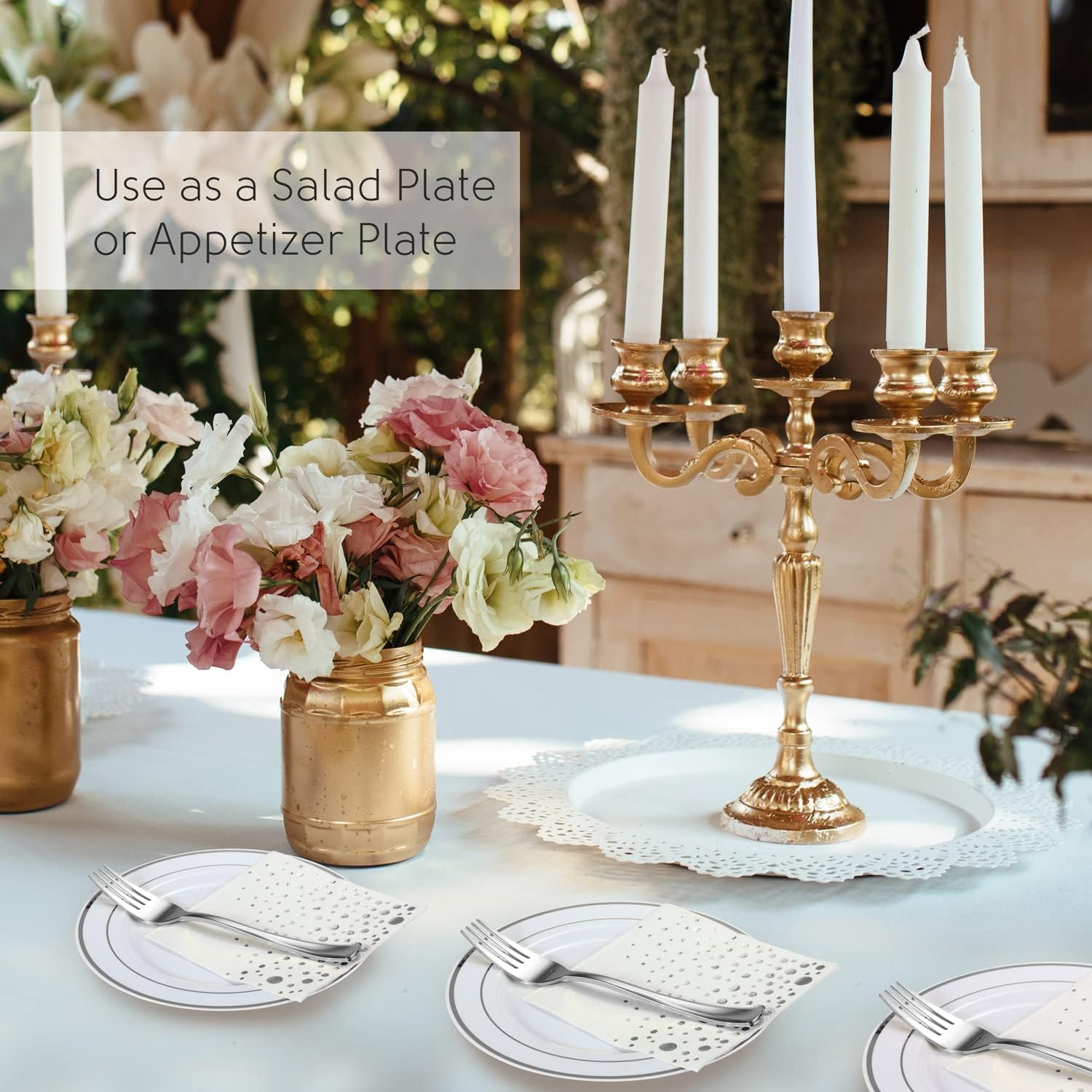 Stylish 7.5 Inch Silver Cake Plates with Disposable Forks and Cocktail Napkins (100 Set) - Small Appetizer Plates - Silver Plastic Dessert Plates - Plastic Cake Plates for Wedding Reception - Image 9