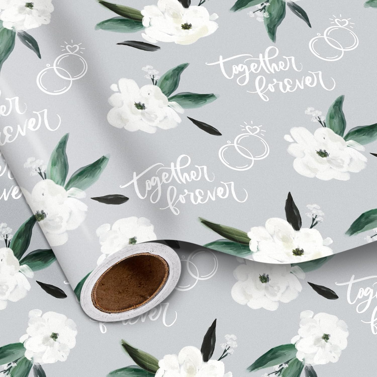 LeZakaa Wedding Floral Wrapping Paper Roll, White Flower & Ring, Together Forever Gift Wrap for Wedding Bridal Shower Engagement Anniversary Valentines, Green, Mini Roll, 17 In x 16.4 Ft
