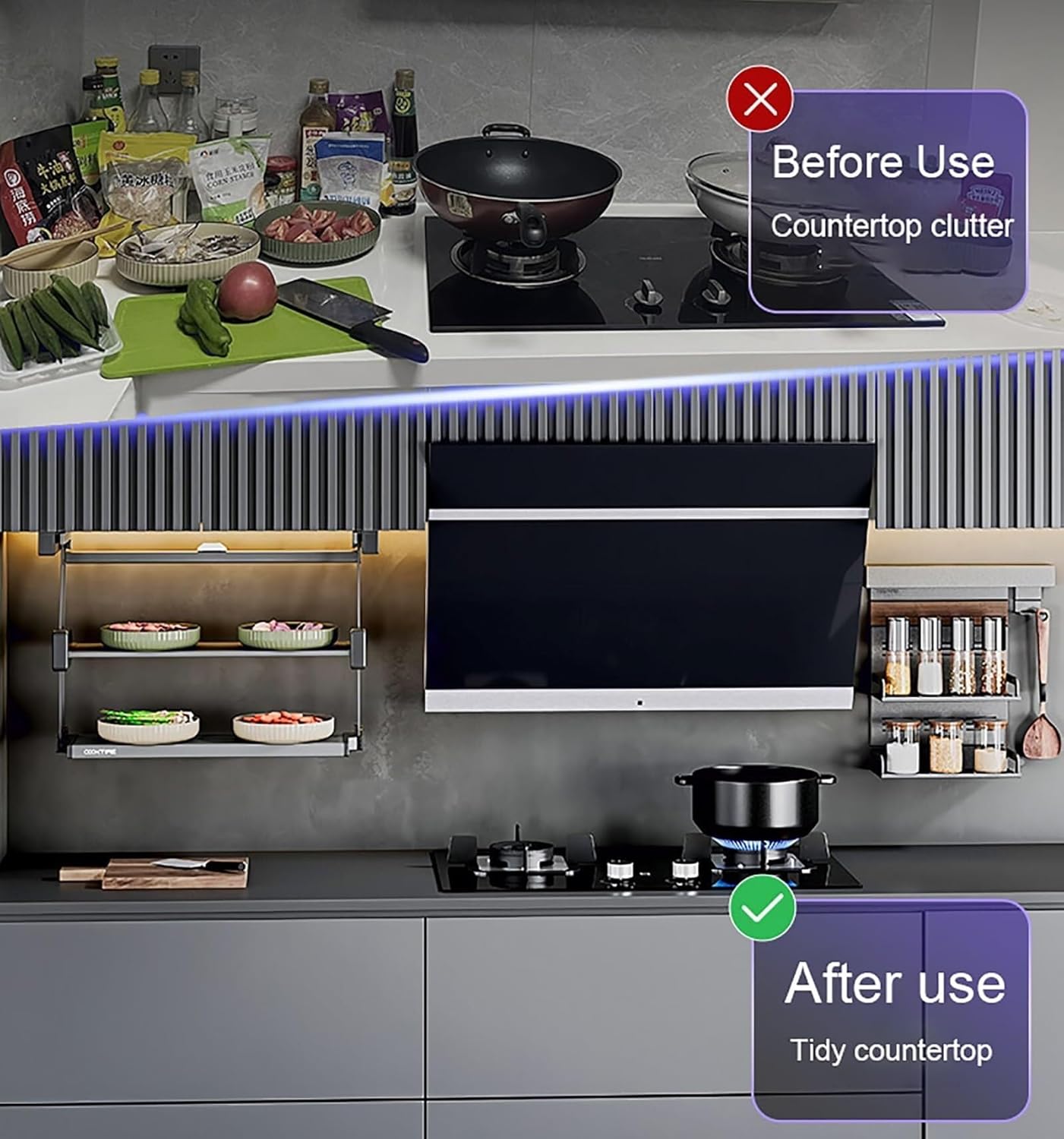 2-Tier Folding Pull Down Shelf, Aluminum Retractable Spice Rack & Dish Rack Organizer, Under Cabinet Pull-Out Storage, 10kg/22lbs Capacity, Space-Saving Kitchen Organizer(W23.2)