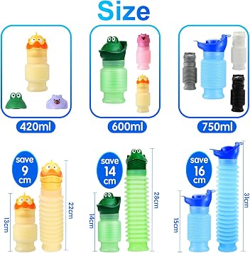 Topcloud Shrinkable Urinal, 420ml Portable Mobile Toilet Potty Pee Urine Bottle with Two Cartoon Heads, Reusable Emergency Urinal for Kids Camping Car Travel Traffic Jam and Queuing