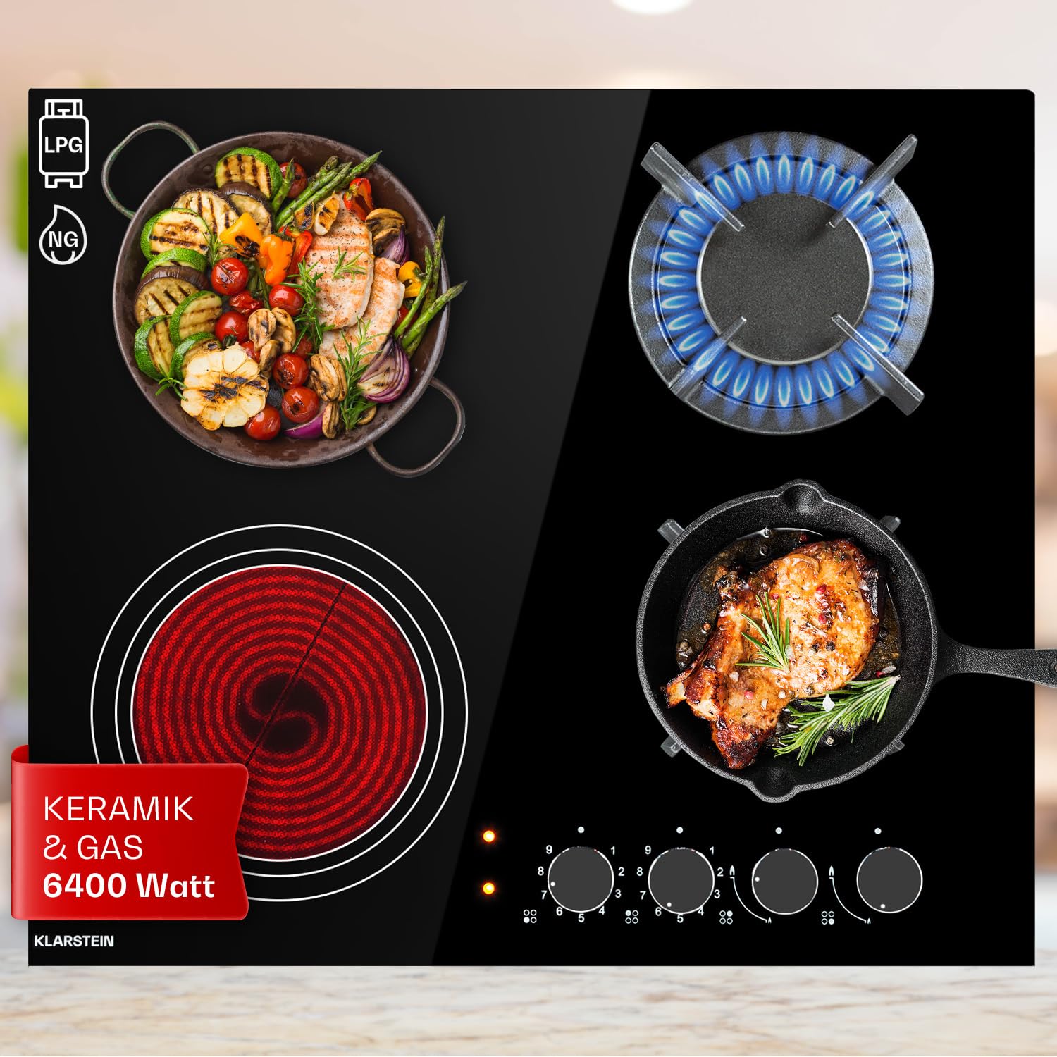Klarstein Gaskocher 2-Flammig und 2 Glaskeramik Kochfeld, 6,4 kW Einbau-Gaskocher für Innenbereich, für Wohnmobil, 2-Flammiger Moderner Einbau Gasherd, Gas Herd