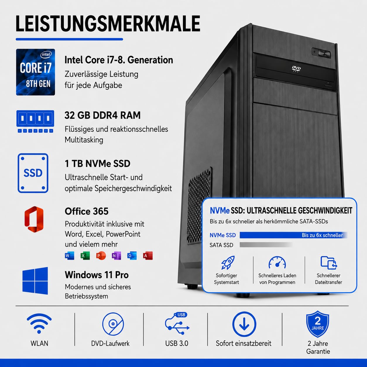 (Germania) PC Fisso Desktop NUOVO • Cpu intel core i7-8700 • 32GB RAM DDR4 • 1Tb SSD nvme • Windows 11 Pro • WiFi • Office 365 • Pronto All'Uso • USB 3.0 • wifi • Professionale per Ufficio