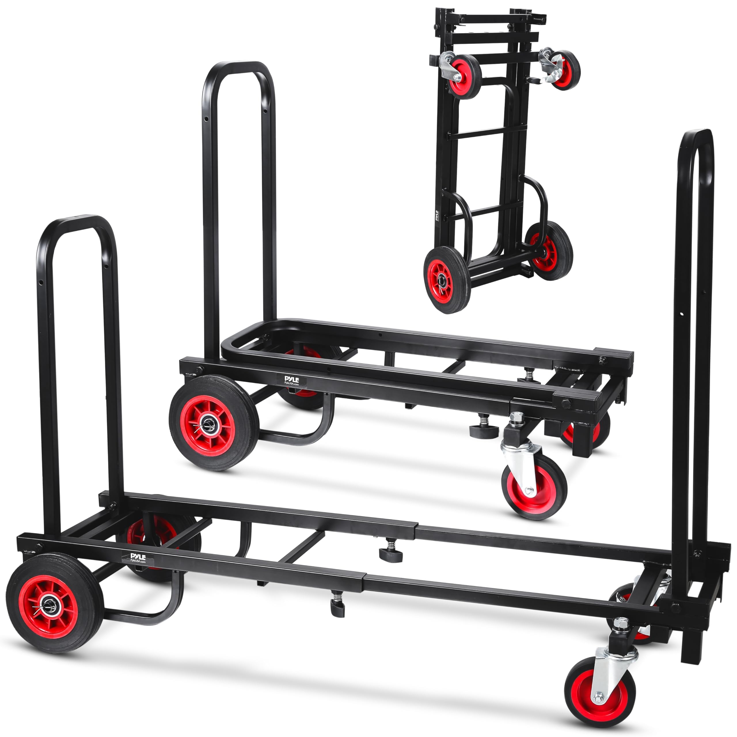 Pyle Compact Folding Adjustable Equipment Cart - Heavy Duty 8-in-1 Convertible Cart Hand Truck/Dolly/Platform Cart with R-Trac Wheels - Expandable Up to 25.24" to 40.24" - Pyle PKEQ38