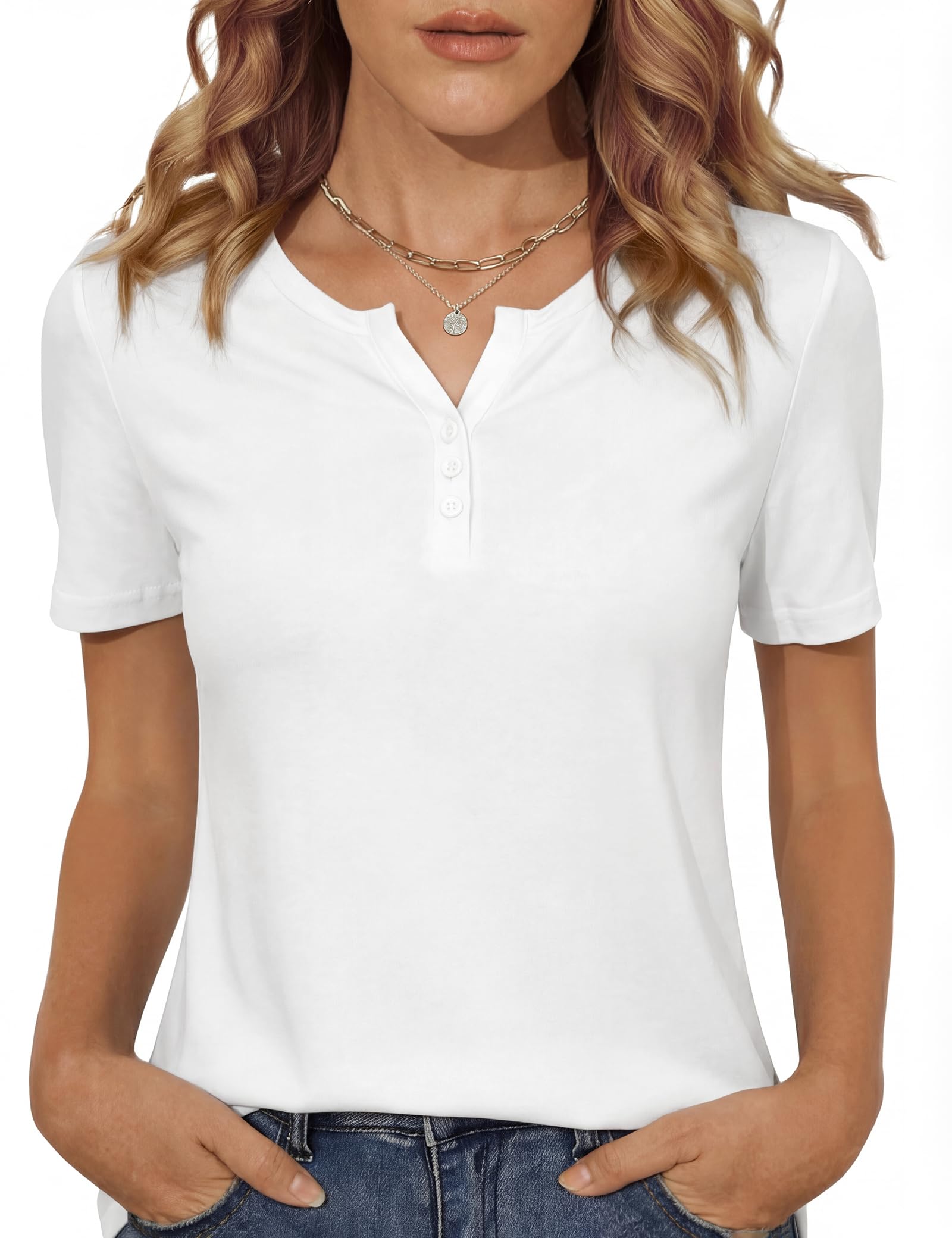 Totatuit Damen T-Shirt Kurzarm Sommer Henley mit Knopfleiste Basic Shirt V-Ausschnitt Einfarbig Oberteil Casual