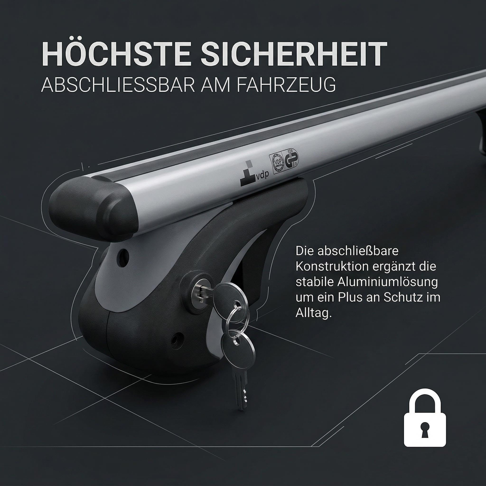 Dachgepäckträger Auto 135cm - Dachträger Universal VDP-R-005 | Auto Dachträger offene Reling | Dachträger für Reling abschließbar | Aluminium Grundträger Dachreling bis 90kg