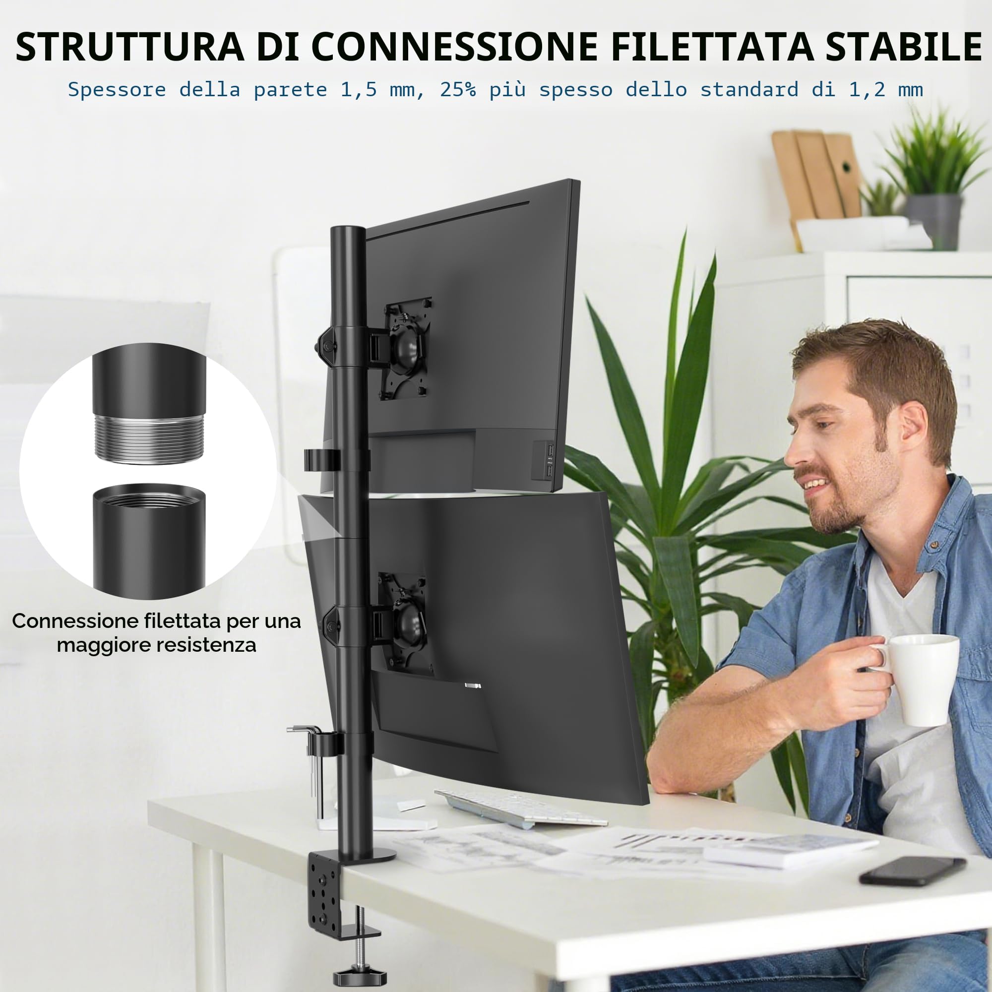 BONTEC Supporto Doppio Schermo Verticale, Braccio Doppio 13-34 Pollici Fino a 10 kg, Regolabile, Gestione Cavi, Supporto da Scrivania Robusto, Compatibile VESA 75x75 e 100x100, Supporto PC Ergonomico
