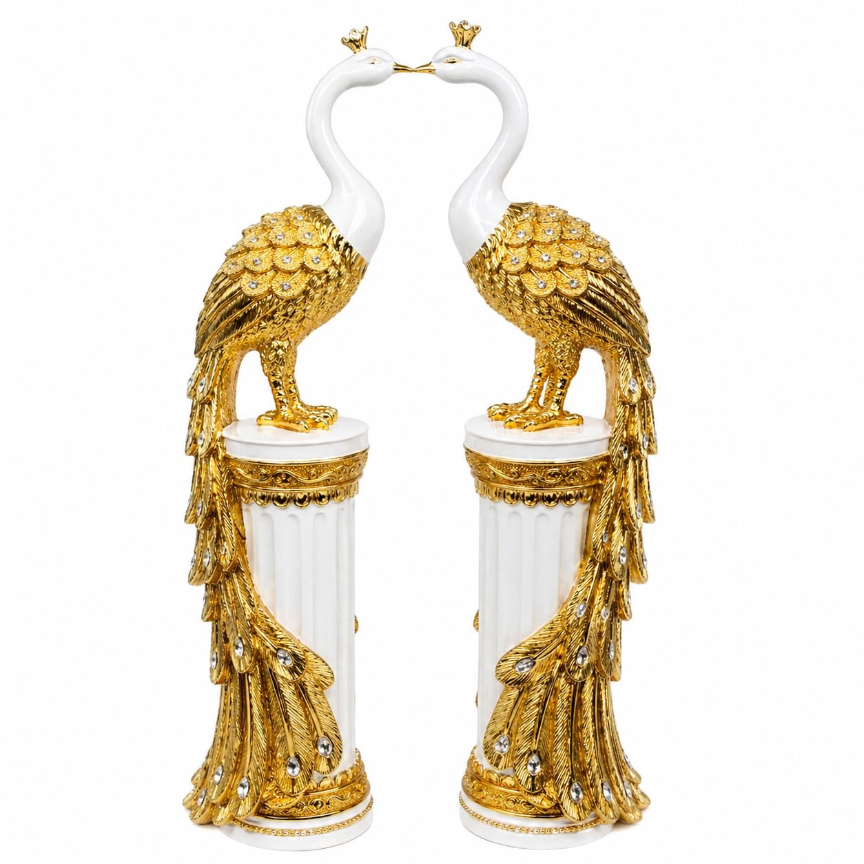 SEGOY Gold + White Crushed Diamond Italian Peacock Pair Stand Romany Diamante Gift Shelf Sitter door/Outdoor Home Display Ornament 60cm