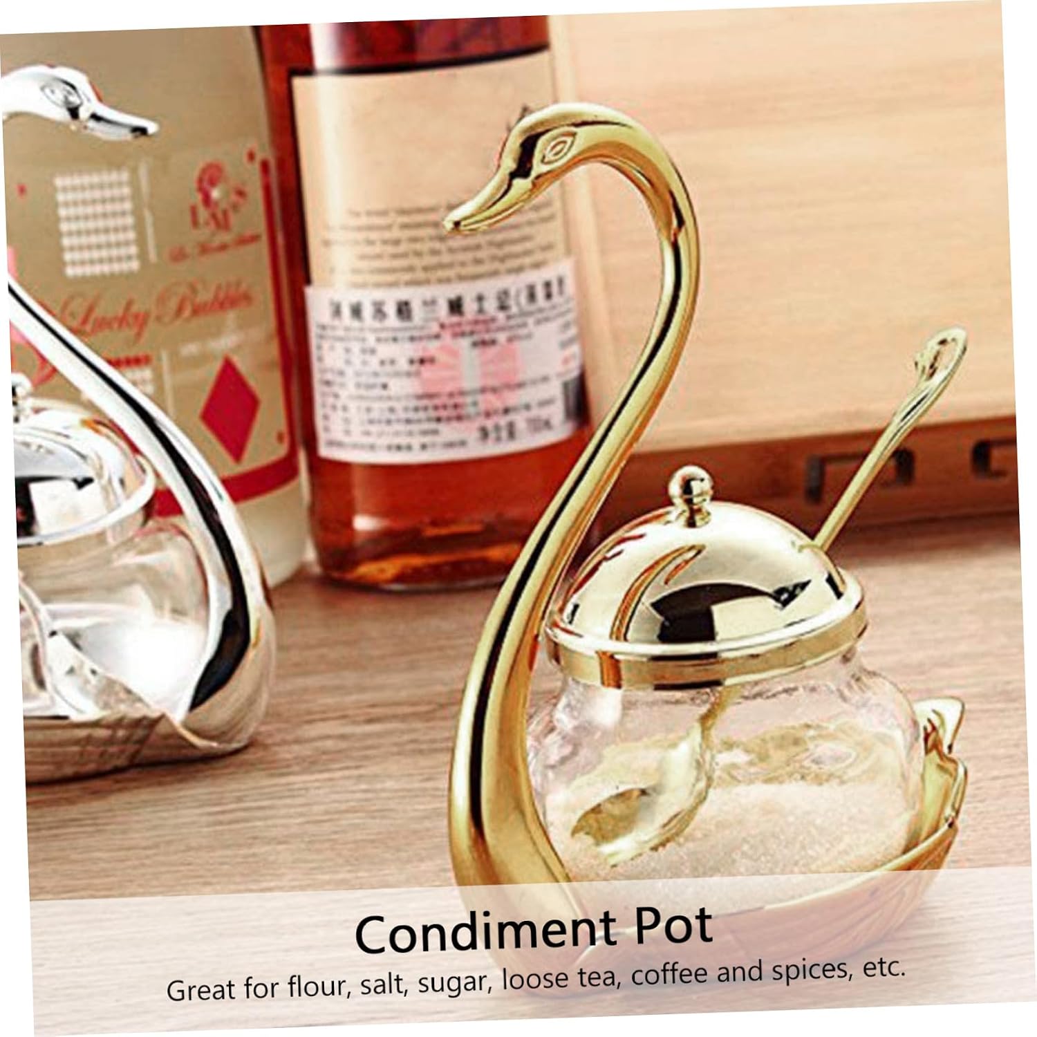 VICASKY Swan Condiment Pot Glass and Zinc Alloy Seasoning Container