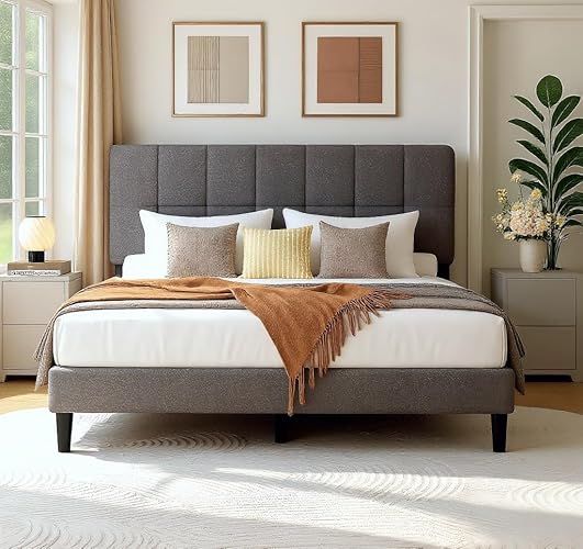Pipishell Queen Bed Frame Upholstered Platform Queen Bed Frame with Adjustable Headboard, 12 Support Legs/Strong Weight Capacity/Wooden Slats Support/No Box Spring Needed/Easy Assembly, Fabric Grey - Fabric Grey - Queen