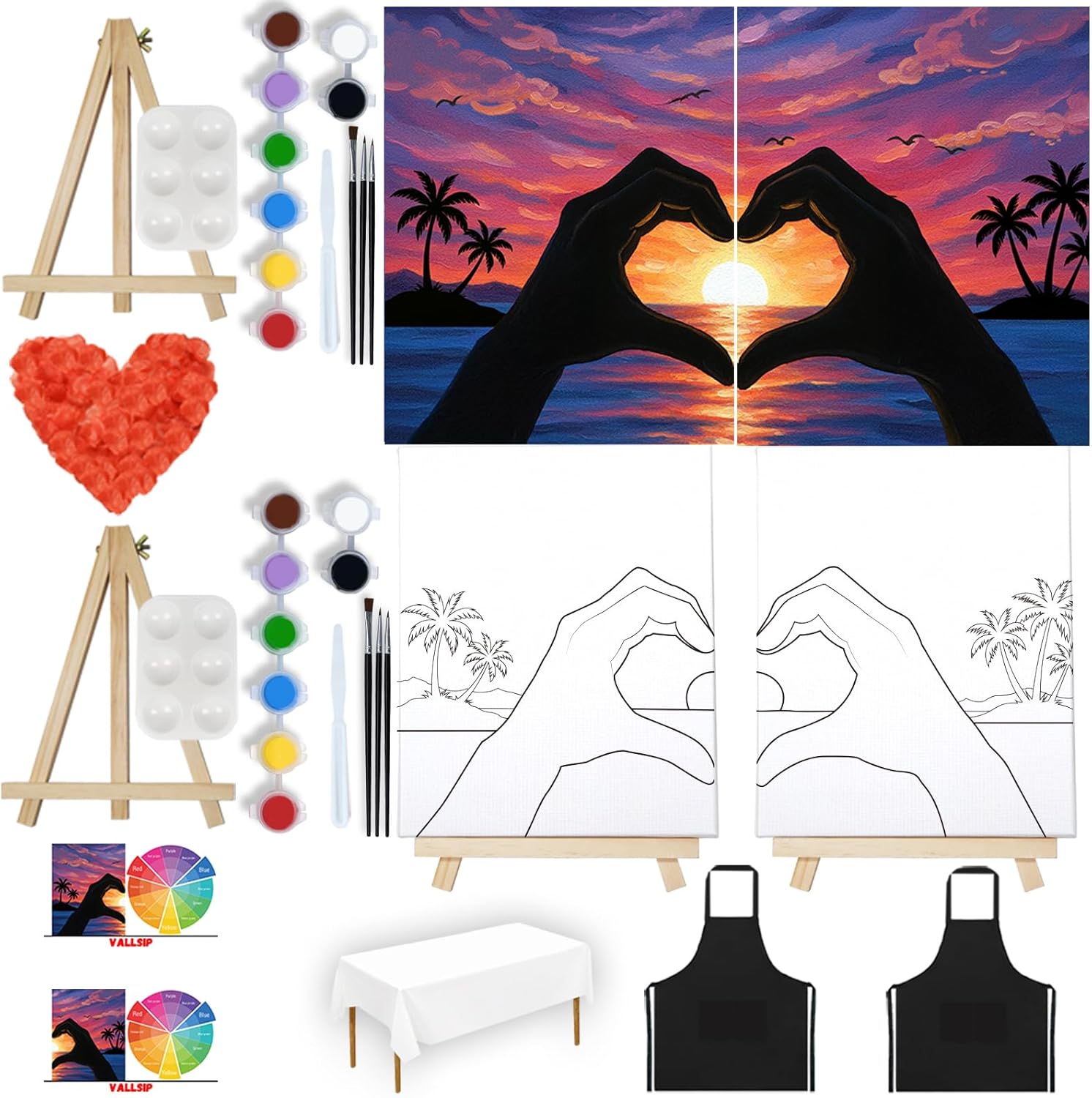 VALLSIP 2 Pack Paint and Sip Canvas Painting Kit Pre Drawn Canvas for Painting for Adults Stretched Canvas Couples Games Date Night Seaside Love Couple Paint Party Supplies Favor