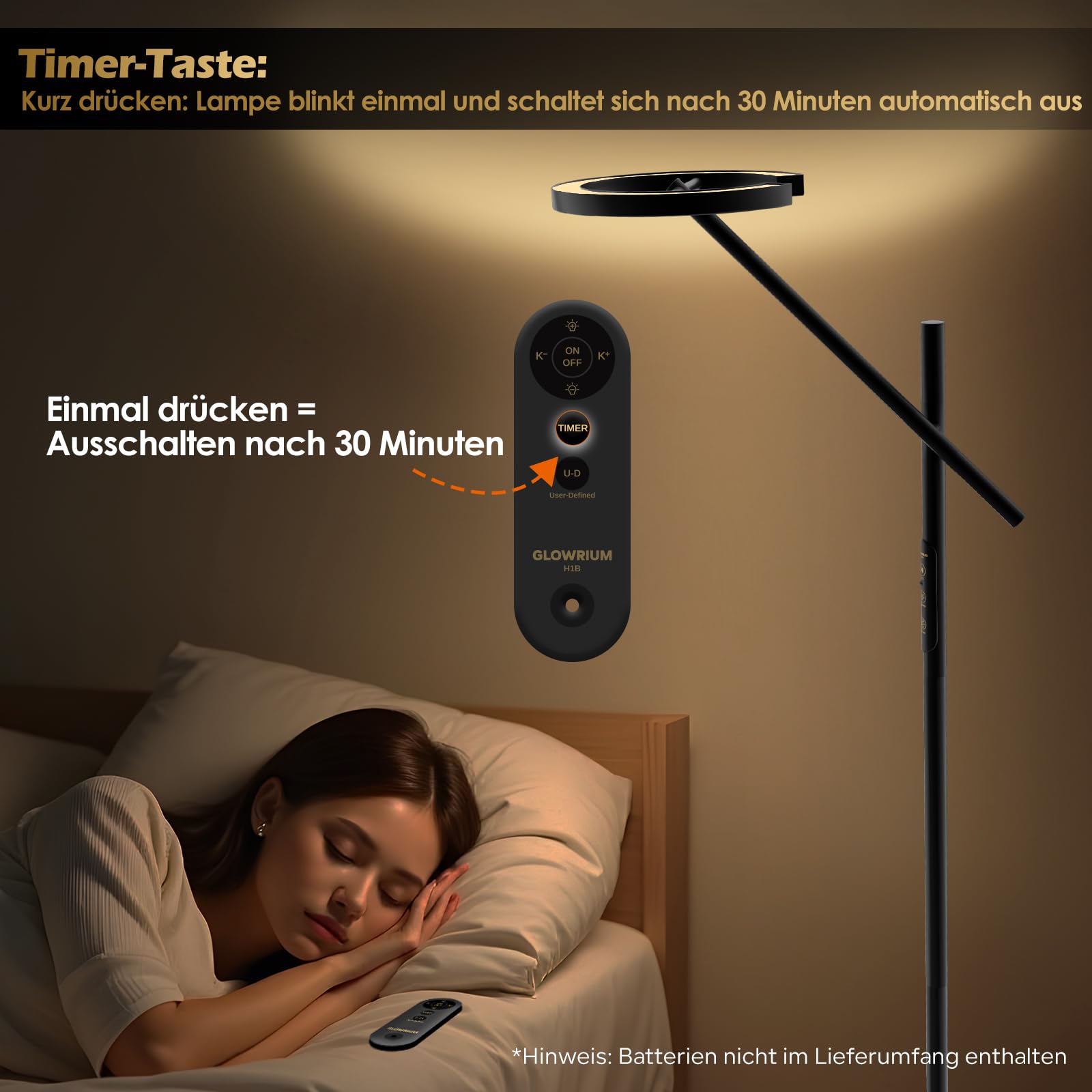 GLOWRIUM 71-inch floor lamp with remote control (batteries not included), UV-free 12,000 lux, 4 color temperatures, tall floor lamp with timer for bedrooms, continuously dimmable, swivel head