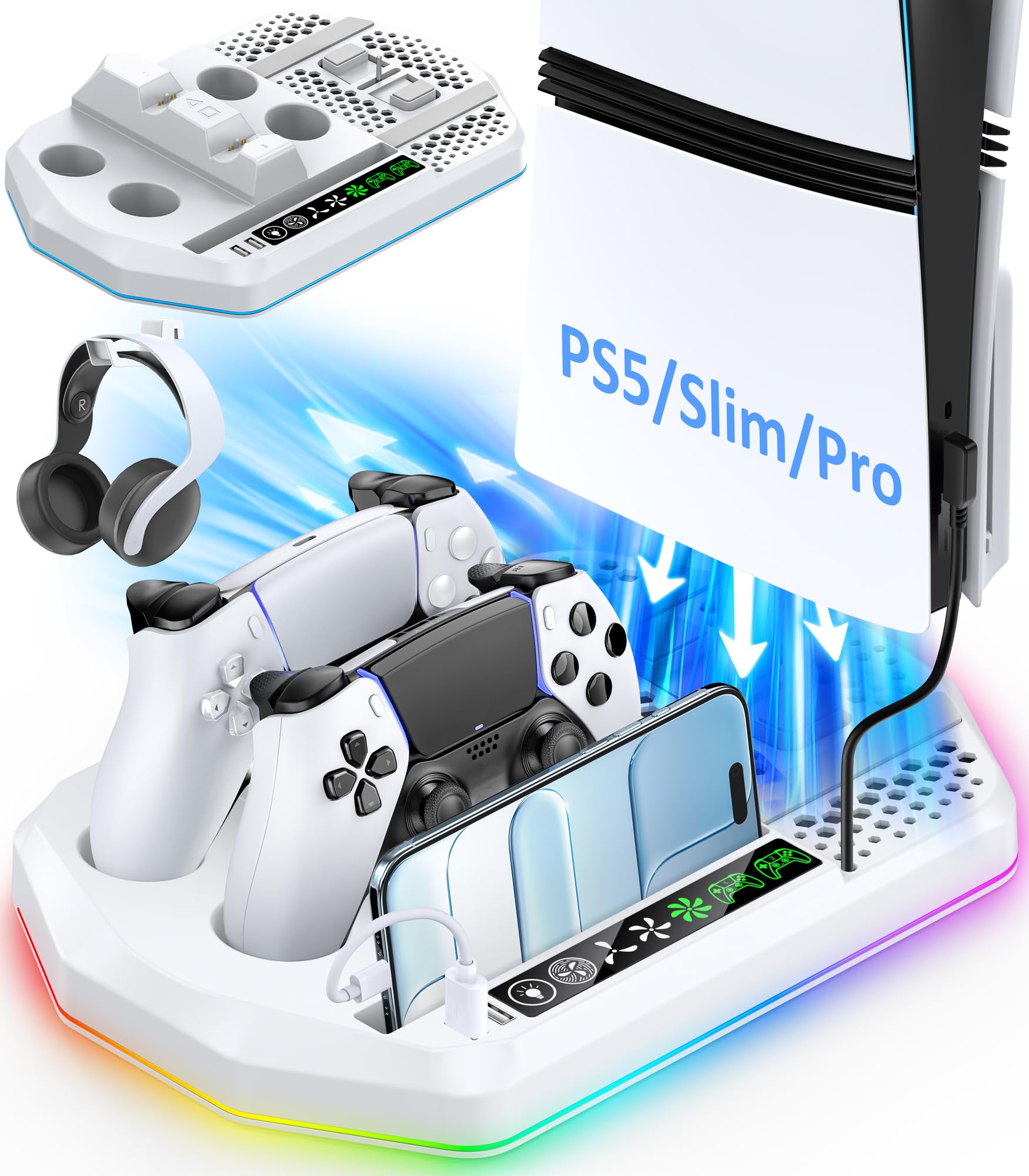 Cooling Station with Controller Charger for PS5/Slim/Pro, PlayStation 5 Vertical Stand for Disc & Digital Console, Dual PS 5 Controller Charging Station with 3 Level Cooling Fan, PlayStation 3 Games