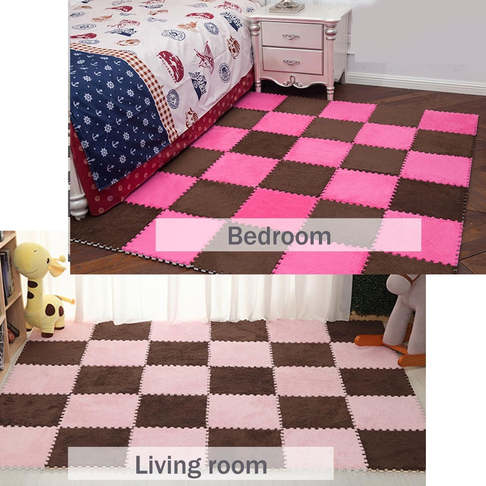 18 opakowań mat puzzli z pianki, 30 x 30 cm, grubość 0,4 cala, nachodzące na siebie, antypoślizgowe płytki podłogowe, dywan z bordiurą shaggy do pokoju dziecięcego (jasnoszare)