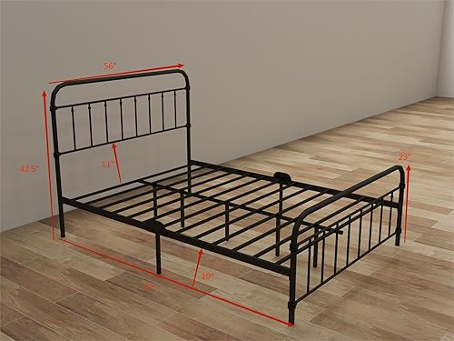 Miniatura 4 de Base de cama de plataforma de metal con cabecero y estribo, fácil de montar, sin somier, tamaño matrimonial, color negro