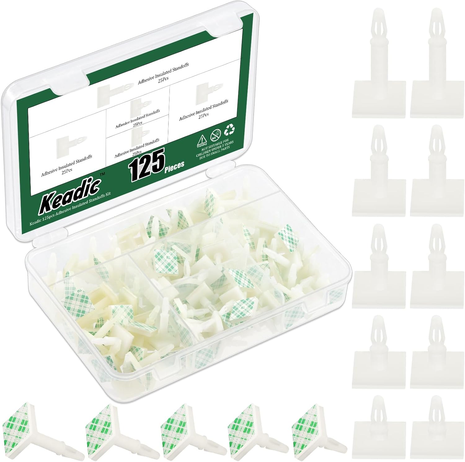 Keadic 125Pcs 5 Sizes Nylon PCB Spacer Assortment Set, Self-Adhesive Insulated Standoffs, Snap-in Posts Fixed Clips, for Supporting Height PC Board, Computer Motherboard
