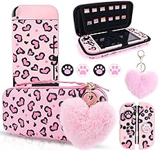 DLseego Pink Love Leopard Carrying Case for Switch, Cute Silicone Protective Case Soft Cover with 4PCS Thumb Grip Caps and Pink Plush Heart Pendant Hard Storage Case Accessories Kit Bundle for Girls