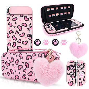 DLseego Pink Love Leopard Carrying Case for Switch, Cute Silicone Protective Shell Soft Cover with 4PCS Thumb Grip Caps and Pink Plush Heart Pendant Hard Storage Case Accessories Kit Bundle for Girls
