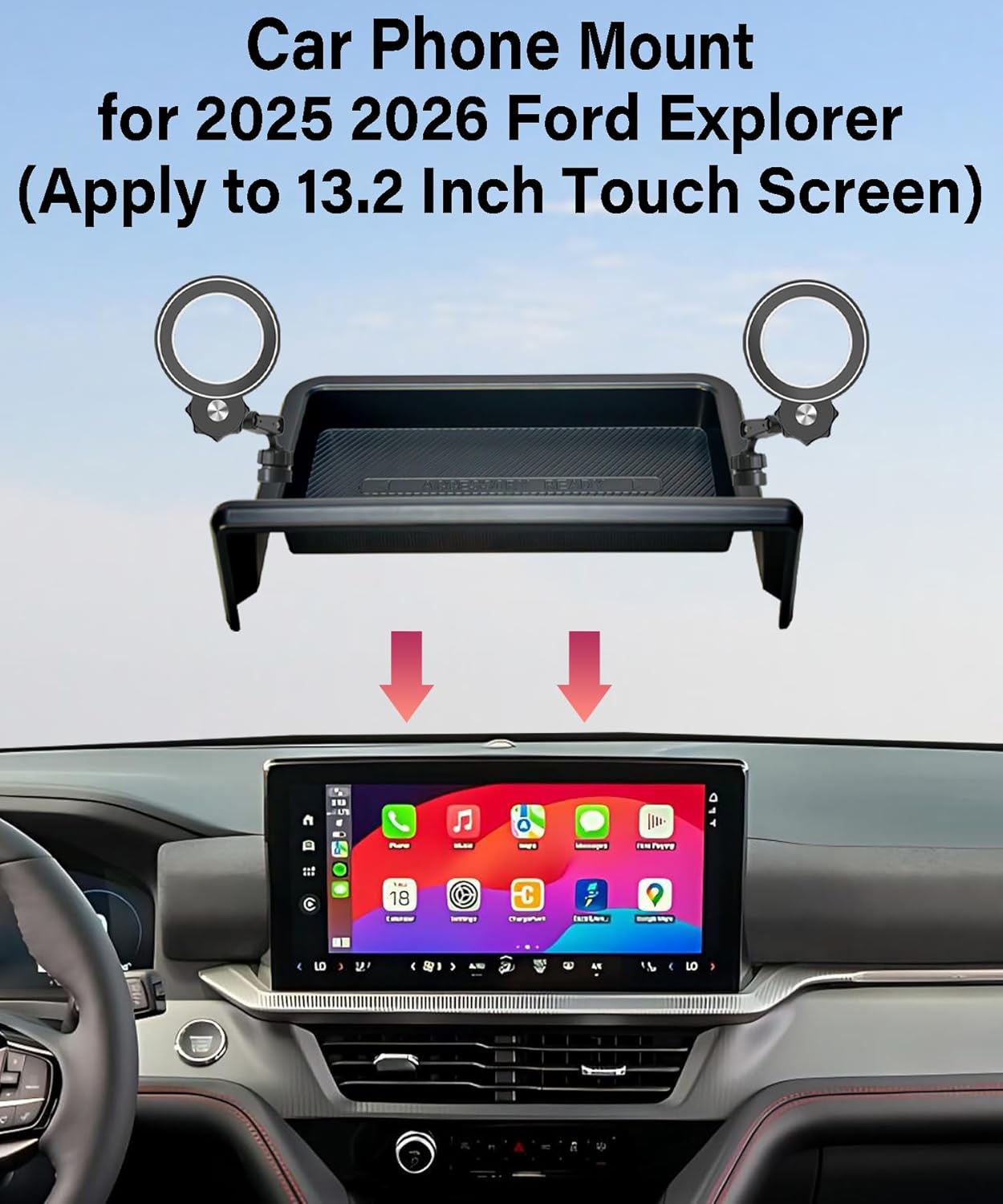 Car Phone Holder for 2025 2026 Ford Explorer (Active/ST-Line/Tremor/ST/Platinum) Accessories Apply to 13.2 Inch Touchscreen Fixed Clip MagSafe Cell Phone Mount with Dashboard Storage Tray