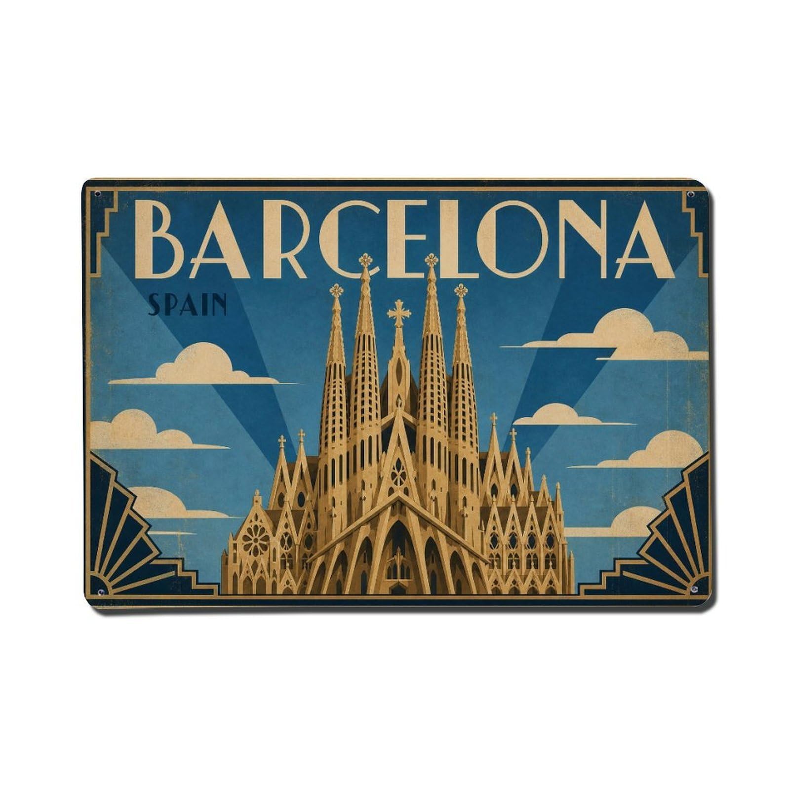 Travel Retro Spain Barcelona Metal Tin Sign Plaque Wall Decor for Cafe, Club Bar, Office, Garden Metal Poster 8x12Inch