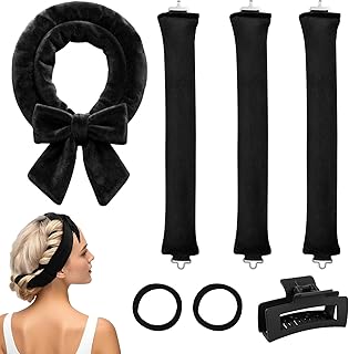Simpeak 7 Pcs Rizador de Pelo Sin Calor, Rizador Pelo Ondas con Gancho, Heatless Hair Curler Diadema, Pinza y Gomas, Rizos Suaves Sin Daños para Cabello Largo Medio Corto, Negro