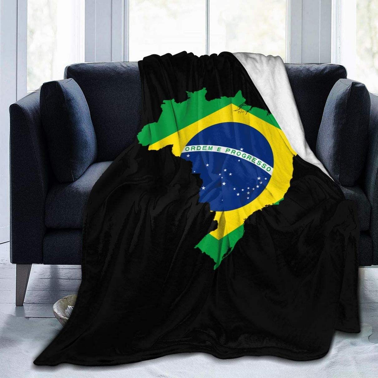 ATOurDealss Fleece Blanket Flag of Brazil Map Plush Throw Fuzzy Super Soft Reversible Microfiber Flannel Blankets 80"x60"