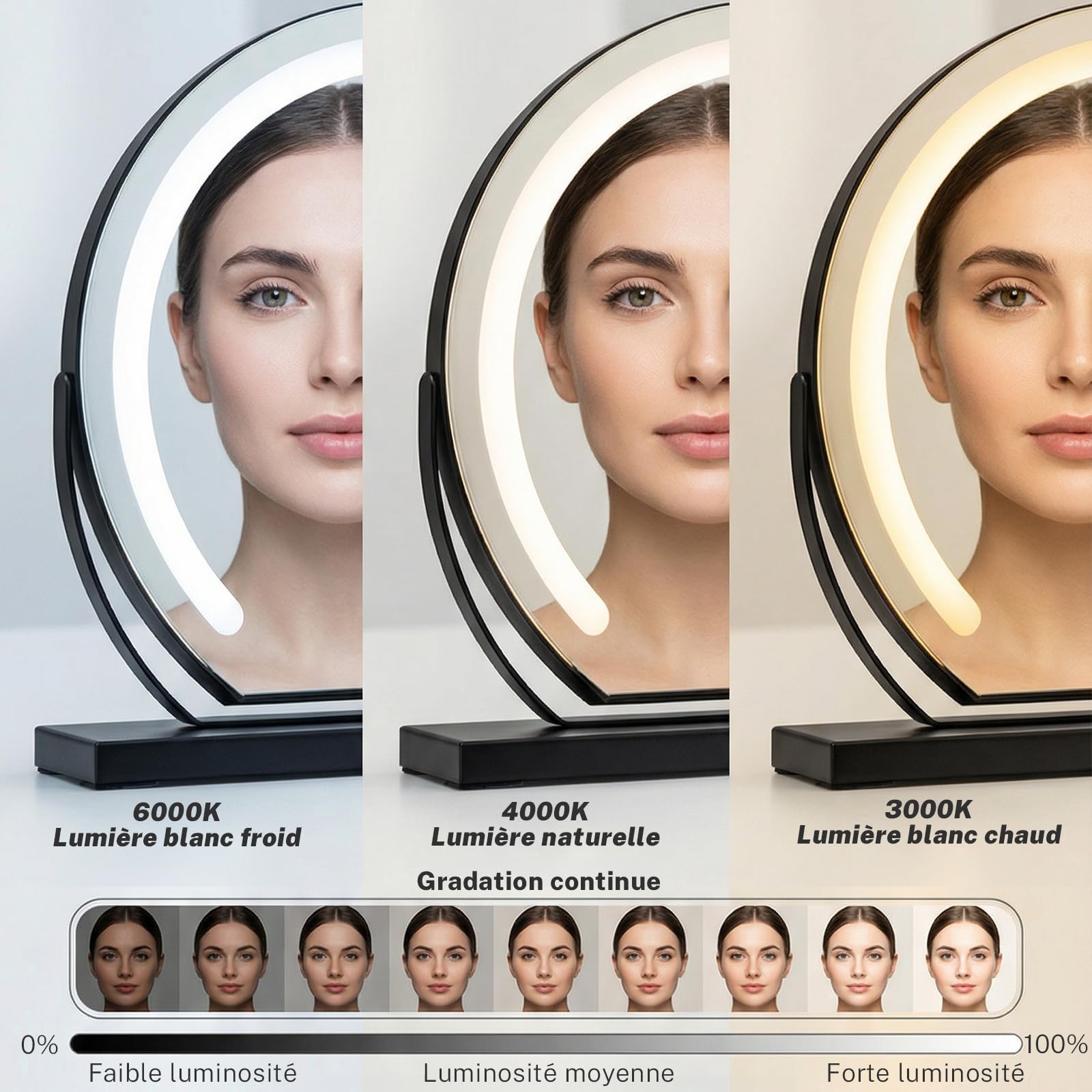 Miroir Maquillage Lumineux Rond 40cm, LED Miroir Coiffeuse cosmétique éclairé Coiffeuse, 3 températures de Couleur Touche Contrôle Tactile Luminosité Réglable Angle réglable, Plug & Play