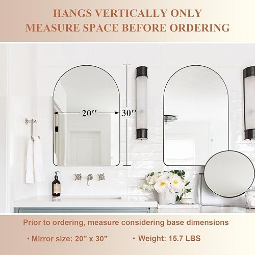 Miniatura 2 de ANDY STAR Espejo arqueado, espejo de baño de níquel cepillado de 20 x 30 pulgadas, marco de metal de acero inoxidable, esquina redondeada superior