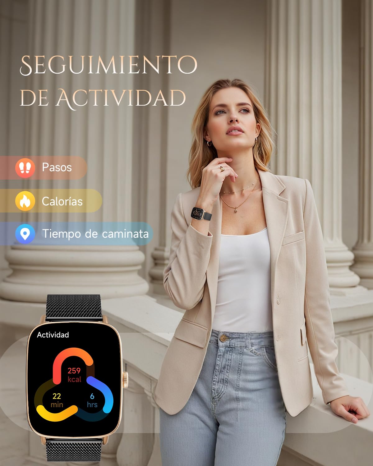 TOOBUR Reloj Inteligente de Moda para Mujer, IP68, Negro-Dorado