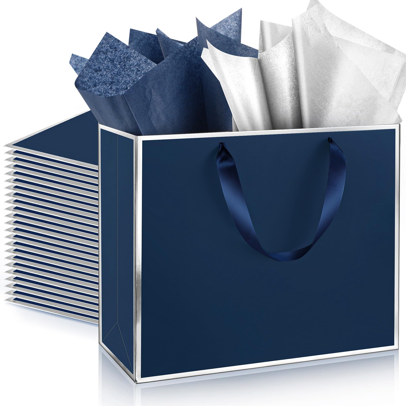 ReliThick 12 Pack Paper Gift Bag with Handles &amp; Tissue, Navy Blue, Silver