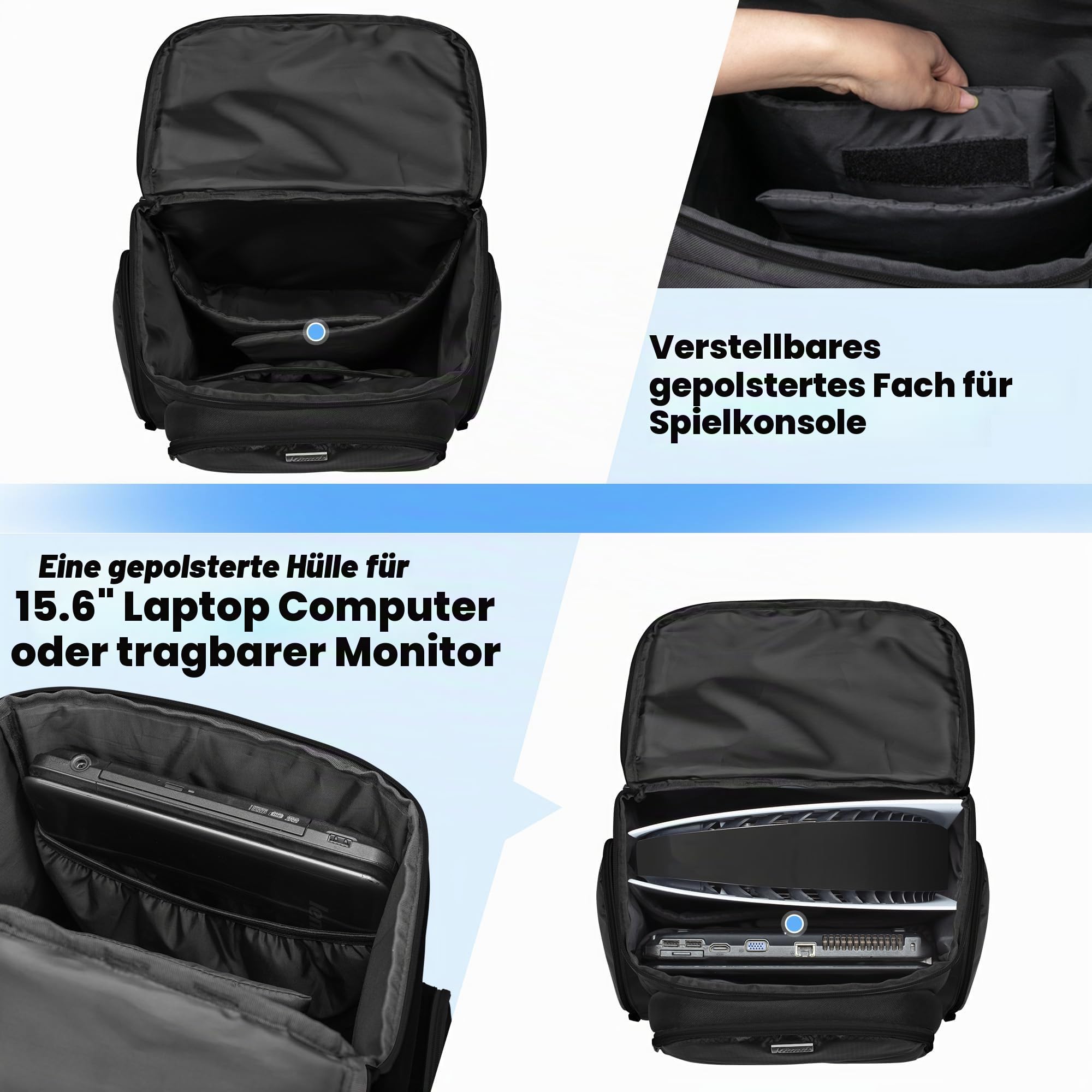 Trunab Rucksack für Videospiele, Aufbewahrung, kompatibel mit PS5/PS4/PS4 Pro/PS4 Slim/Xbox One/Xbox One X/Xbox One S, Reisetasche mit Taschen für Laptop 15,6 Zoll und Spielzubehör