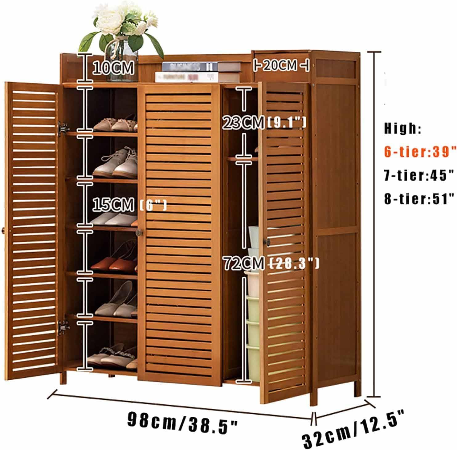 Shoe Storage Cabinet Cabinets Hallway Slim Cupboard Cupboards Hallways Slimline，Rustic Bamboo Shoe Cabinet - 7-Tier Shoe Rack with Doors & Open Shelf for Entryway, Hallway, Bedroom Storage -