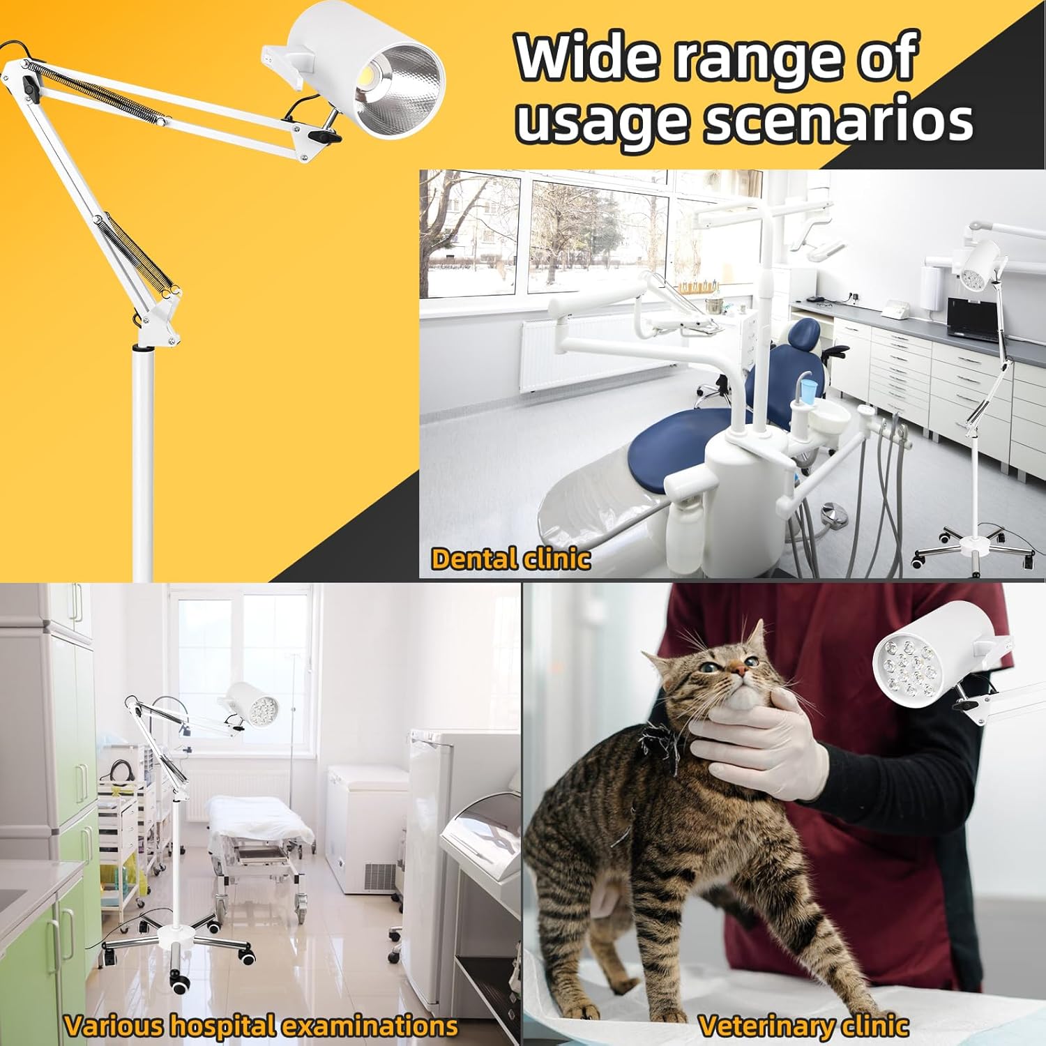 Exam Lamp - 18W Medical Exam Light with Mobile Stainless Steel Base, Surgical Shadowless Lamp with Spring Arm