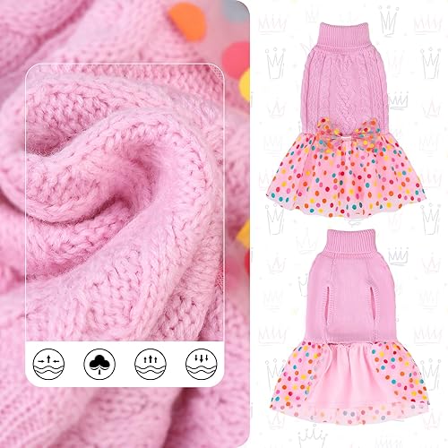 Miniatura 3 de BEAUTYZOO Vestido de punto trenzado para perros pequeños con corbatín para perros pequeños y medianos, ropa de punto cálida de cuello alto, falda