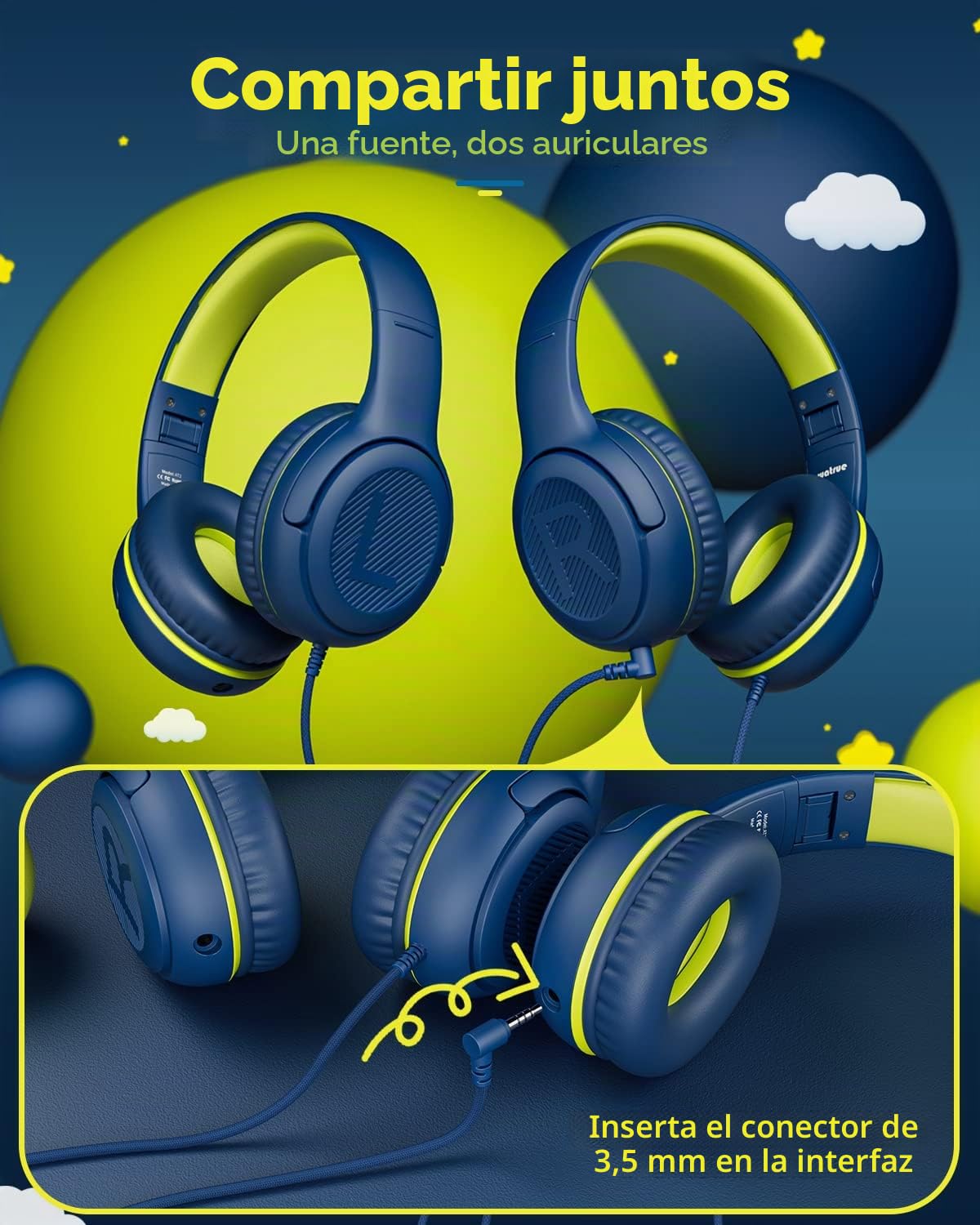 awartue Auriculares Niños con Cable Audio 3.5mm, Volumen Limitado 85/94dB, Diadema Ajustable Almohadillas Suaves, Cascos Infantiles para Clases Online/Viajes/Estudi, Azul y Verdoso