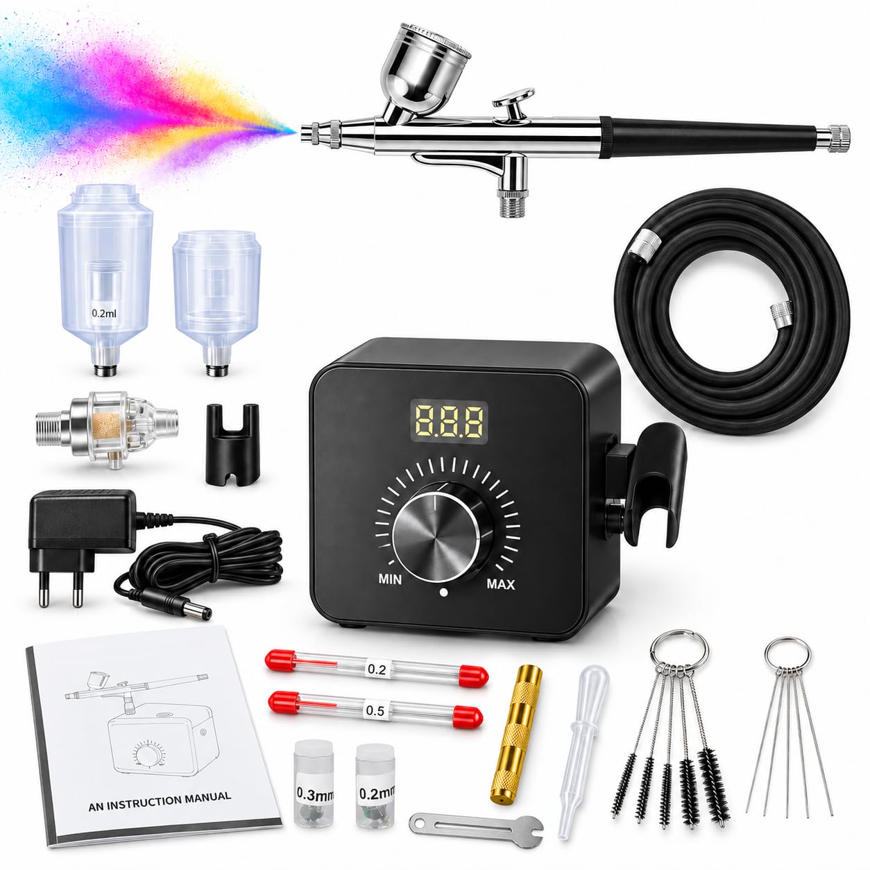 Kit aérographe avec compresseur 40 psi, kit complet avec affichage numérique, réglage de la pression en continu 15-40 psi, boîtier en métal et pistolet à double action pour modélisme, nail art et