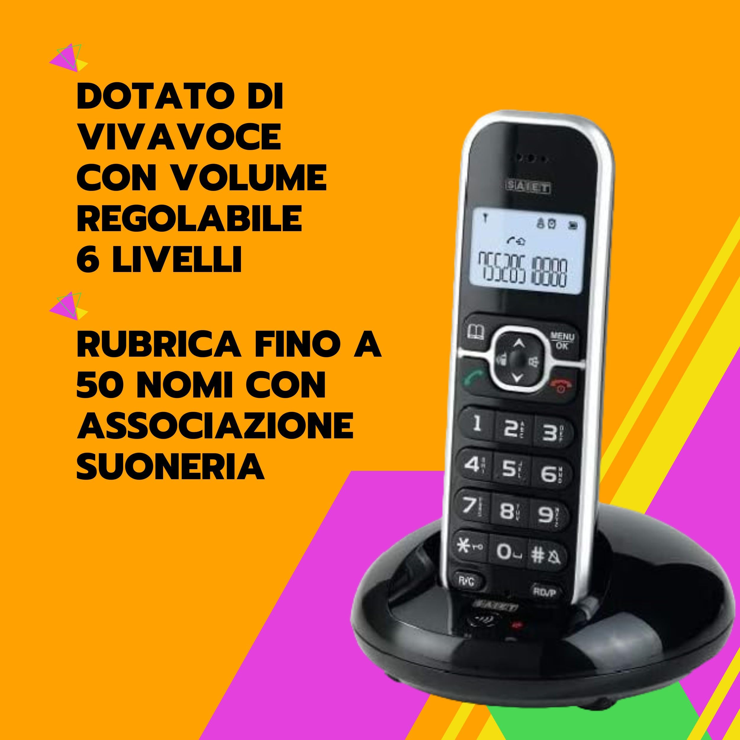SAIET - Telefono Cordless Casa e Ufficio 3660 LEM - con Vivavoce e Audio Amplificato - con Tasti Grandi e Schermo Intuitivo