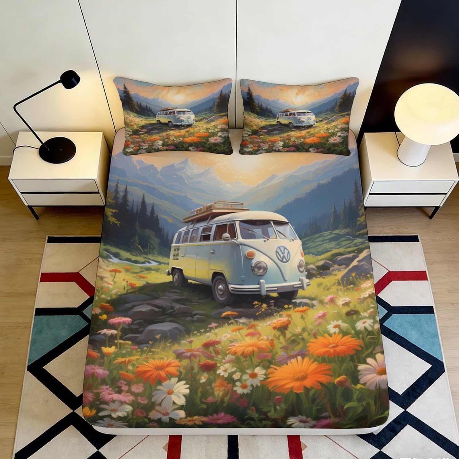K1r3d9e5 Style-1 3D Printed Vintage Camper Van Fitted Sheet Microfiber Scenic Mountain Flower Bed Cover For Bedroom Guest Room Decor Mattress Protection 90X200x25cm