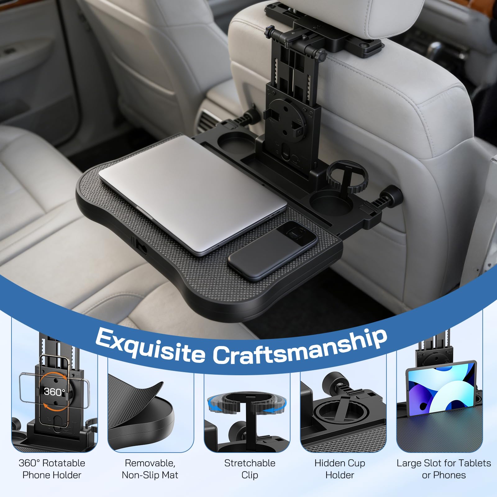Verstellbarer Auto Laptop Tisch – Multifunktionaler Klapptisch mit Getränkehalter & Handyhalter, höhenverstellbar für 15,6 Zoll Laptop, bis 20kg belastbar für Auto, Reisen & Büro